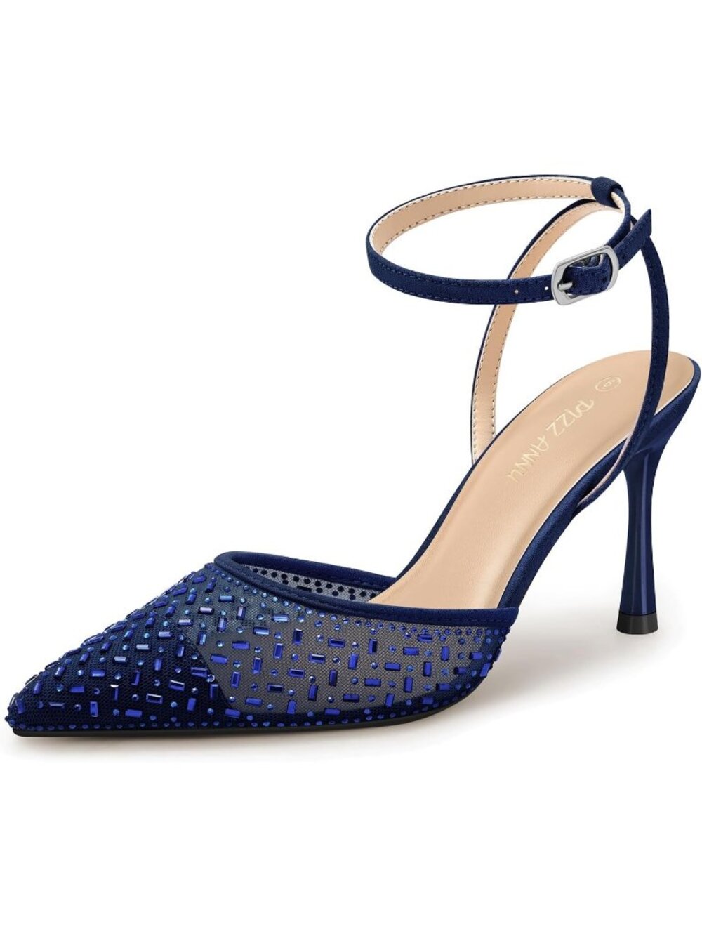 Women's Navy Blue Faux Leather Sparkly Mesh Closed Toes Heels With Ankle Strap